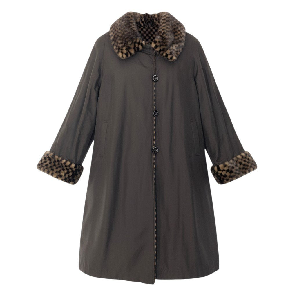 38c4 GRES グレ チェック柄 ミンクファー リバーシブル ロングコート サイズF 茶系 本毛皮 Mink Fur Reversible Long Coatt18r