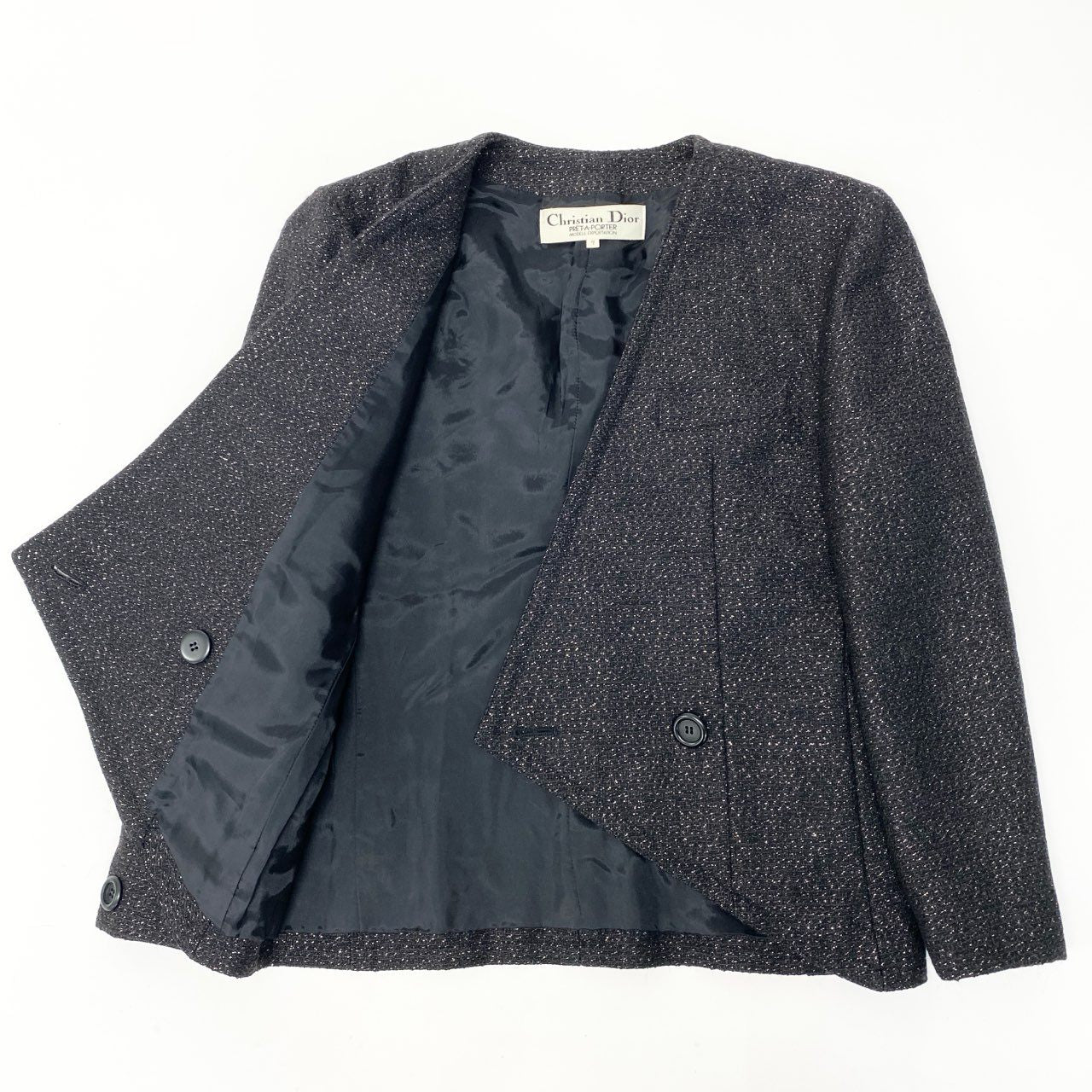 Ec5 Christian Dior クリスチャンディオール ツイードジャケット ダブルブレスト ラメ 7サイズ ブラック ウール100％ レディース 女性用o07t