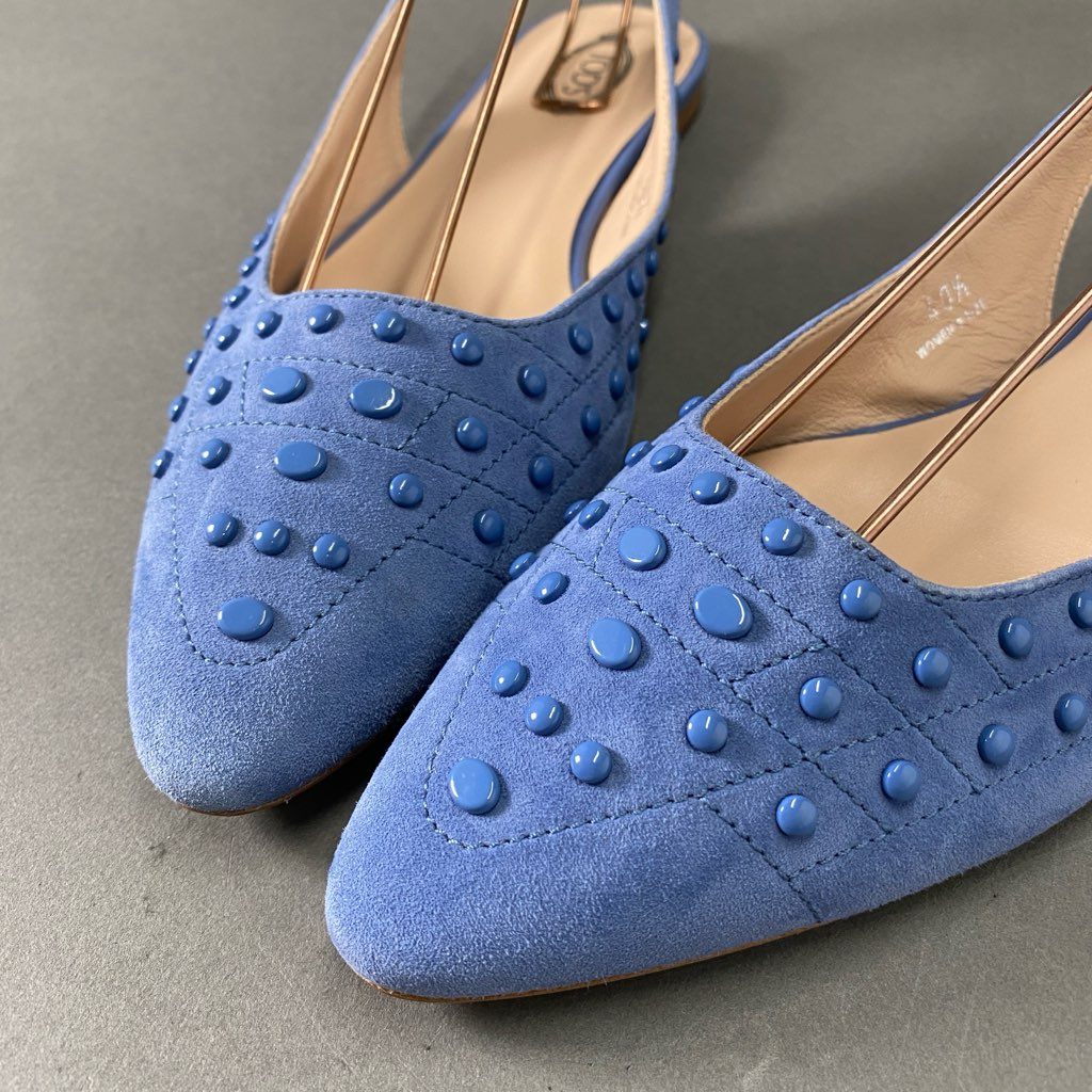 1i10 《美品》 TOD'S トッズ イタリア製 アンクルストラップ フラットパンプス シューズ バレリーナ スタッズ 40 1/2 ブルー スエード レザー