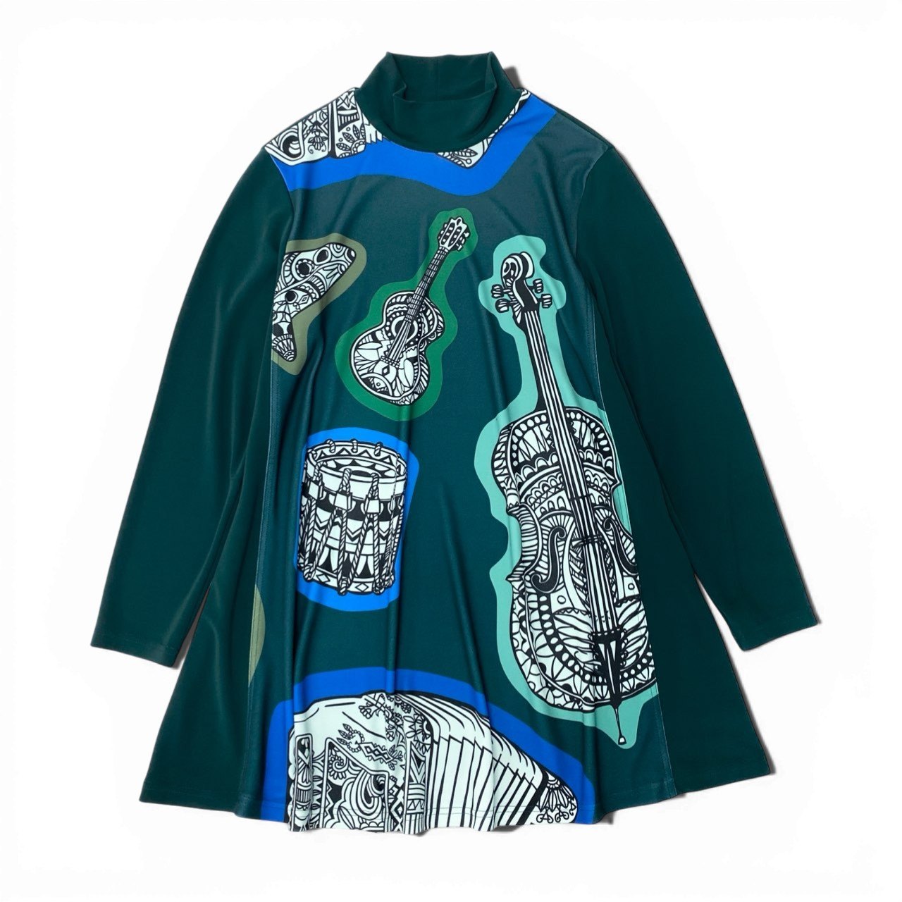 17c2 TOKUKO 1er VOL トクコプルミエヴォル ロングスリーブ チュニックワンピース ハイネック 楽器柄プリント ストレッチ レディース 女性服 サイズ9 グリーンu02t