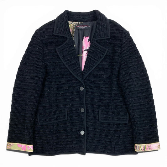 58a21 LEONARD FASHION レオナール ニットジャケット テーラードジャケット ラメニット 裏地花柄プリント レディース 女性用 大きいサイズ LL ブラックu02t