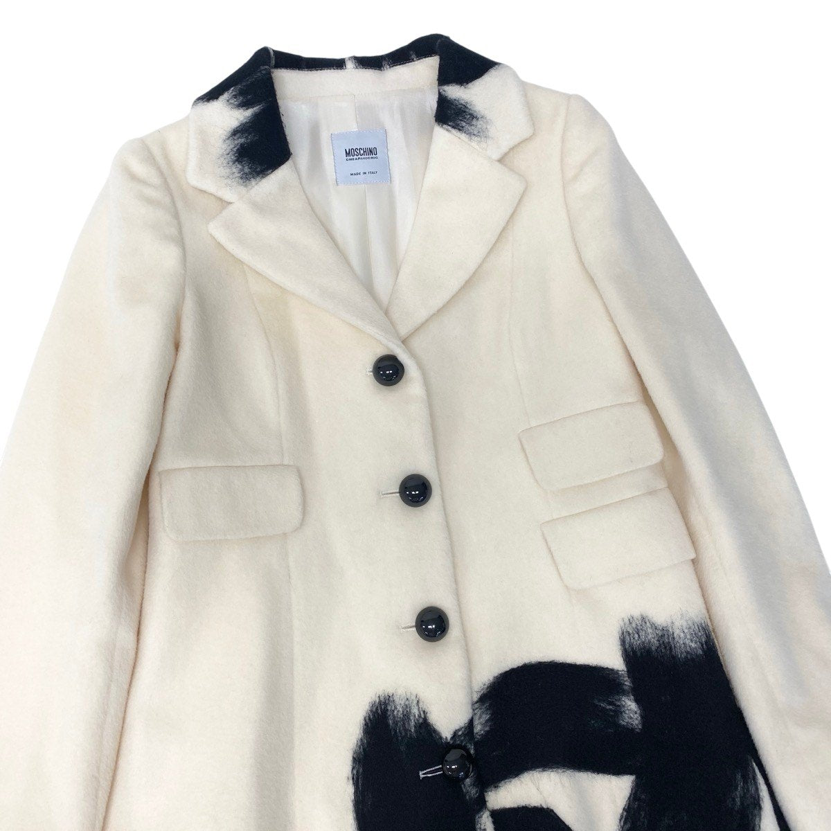 28f16【美品】MOSCHINO モスキーノ チェスターコート ウールコート ペイント風デザイン イタリア製 38サイズ オフホワイト ブラック ウール100％ レディース 女性用u02t
