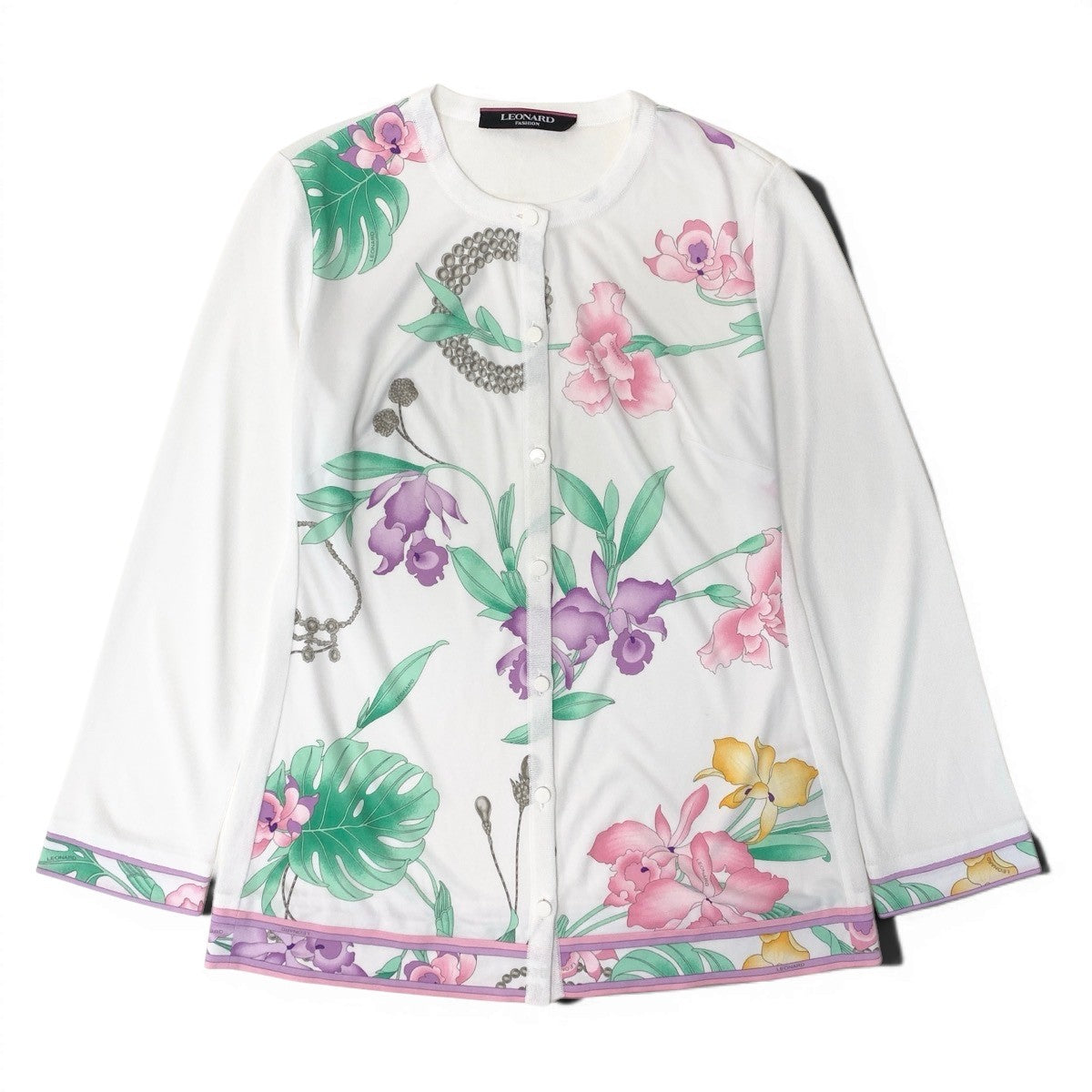 27f17 【美品】LEONARD レオナール ロングスリーブカーディガン カンカン切替 チュニック丈 美しい花柄プリント 0197764 38サイズ ホワイト レディース 女性用u02t