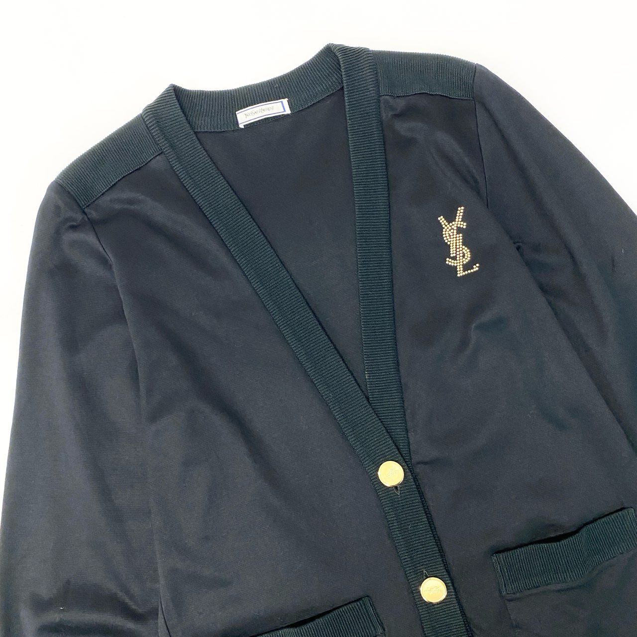 Ia29 Vintage Yves Saint Laurent ヴィンテージ イヴサンローラン YSL カサンドラロゴ ビジュー 金ボタン カーディガン 羽織 Cassandre Logo Cardigan Gold Buttons M ブラック コットン レディースo07t