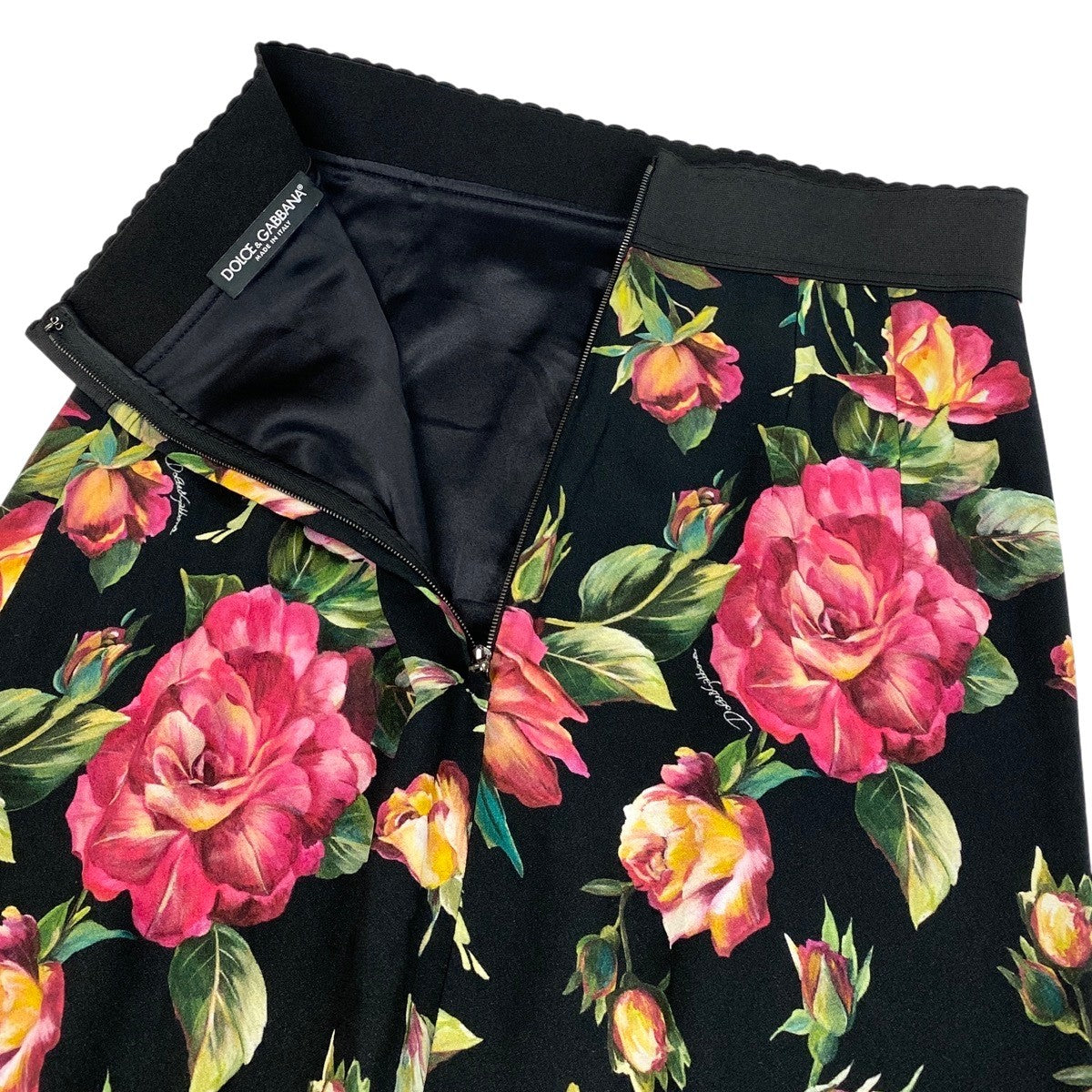 g13 【極美品】DOLCE＆GABBANA フラワープリント ミディ丈 シルクスカート イタリア製 38サイズ ブラック レディース 女性用k02ik02i