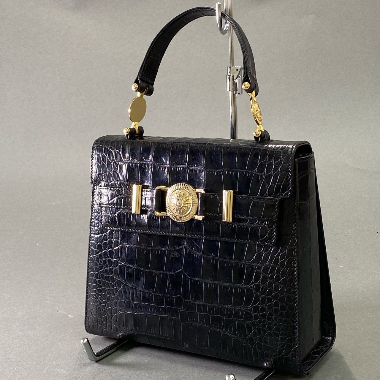 Af4 GIANNI VERSACE ジャンニ ヴェルサーチ クロコ型押し ハンドバッグ ブラック レザー カバン 鞄 ビンテージ Vintage レトロ