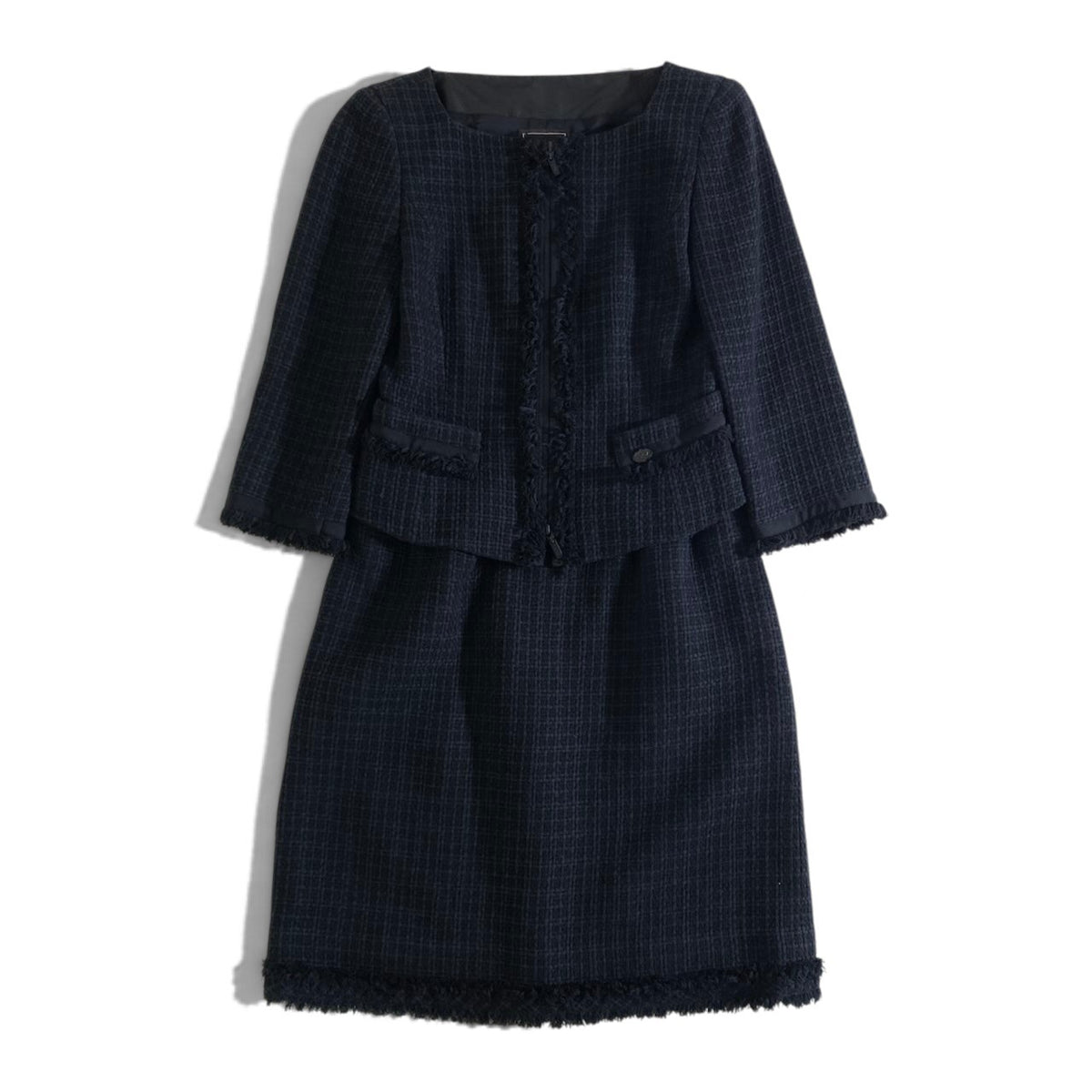 20j23 【美品】FOXEY フォクシー スカートセットアップ ノーカラーツイードジャケット スカート 38サイズ ネイビー レディース 女性用u02t
