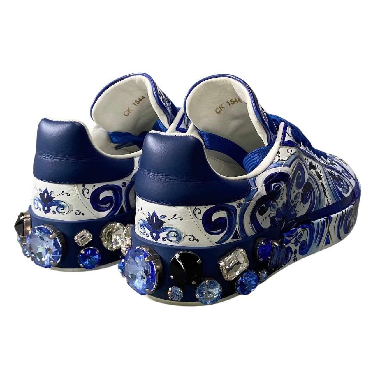 【美品】 DOLCE&GABBANA ドルチェアンドガッバーナ ポルトフィーノ ビジュー スニーカー マヨリカ ハンドペイント サイズ37 ブルー ホワイト レディースk02i