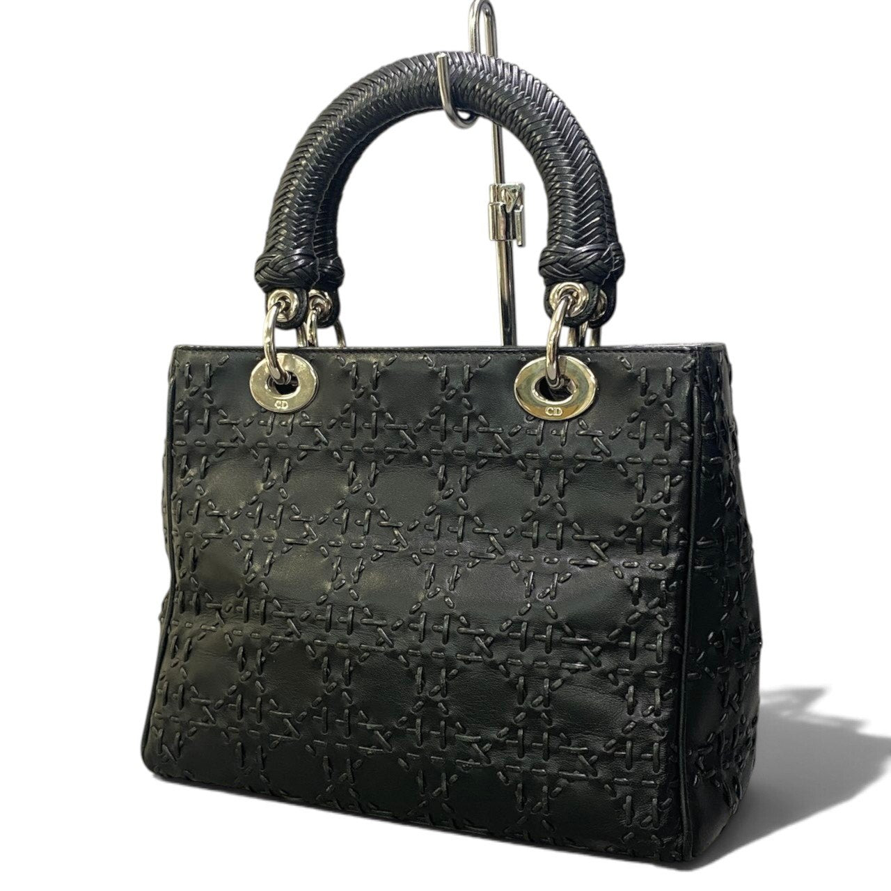 h29 Christian Dior レディディオール M ウィップステッチ カナージュ ブラック レザー レディース 女性用ta1