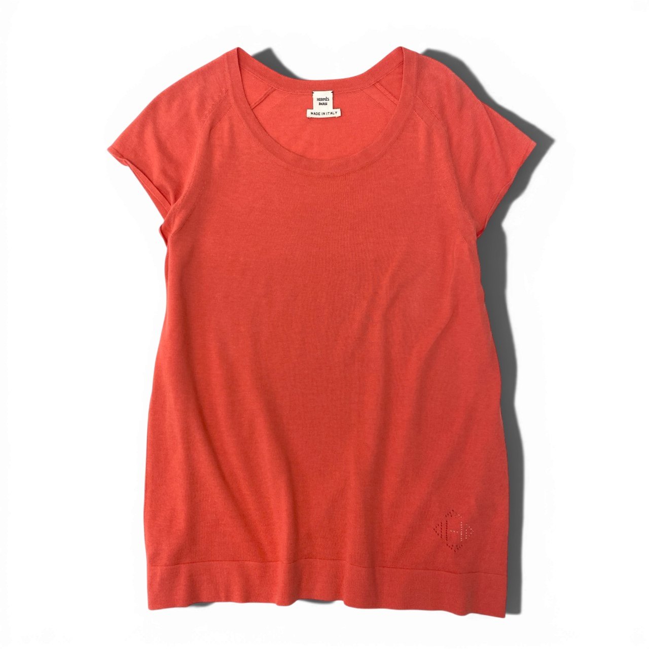 Ec5 HERMES エルメス Hロゴ コットンシルク 半袖ニット トップス サイズ36 コーラル レディースk02i