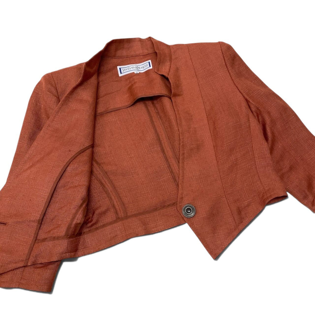 84i15 YVES SAINT LAURENT イヴサンローラン セットアップスカート ショートジャケット リネン混 サイズM オレンジ レディースo07t