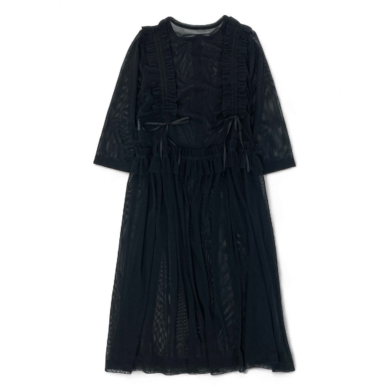 67k20《美品》 TOKUKO 1er VOL トクコプルミエヴォル シアー ロングワンピース 7分袖 フリル装飾 レディース 女性用 9 ブラックu02t