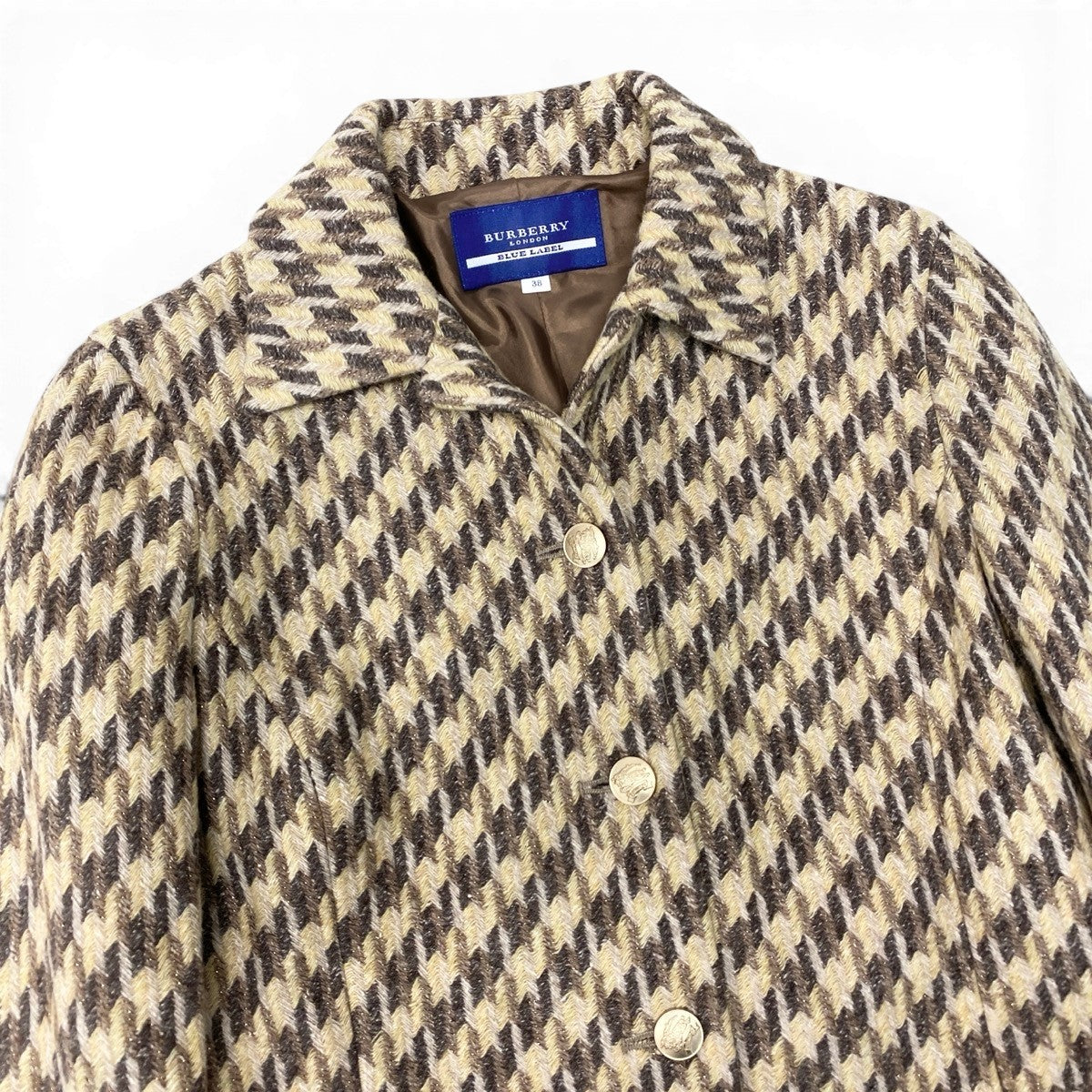 77g23 BURBERRY LONDON BLUE LABEL バーバリーロンドン ブルーレーベル ストライプ柄 ニットジャケット 刻印 金ボタン サイズ38 マルチカラー レディースo07t