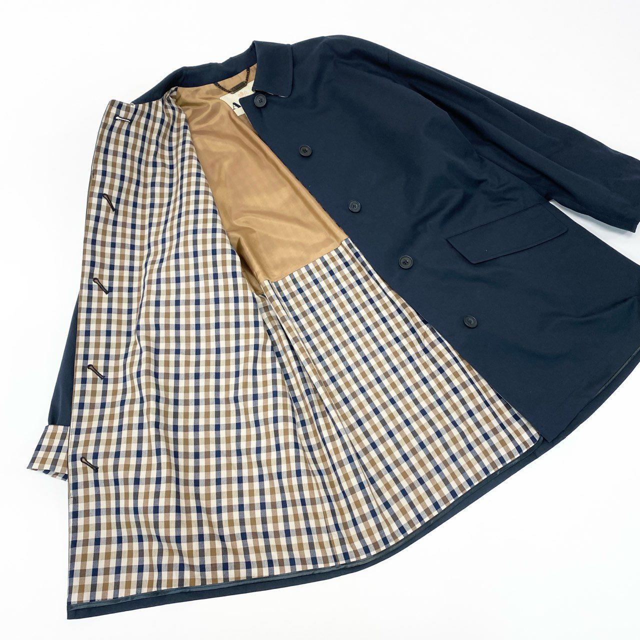 51Ⅼ2《美品》 Aquascutum OF LONDON アクアスキュータム 英国製 ステンカラーコート 切替チェック柄 比翼ボタン レディース 女性用 M ネイビー コットン100％u02t
