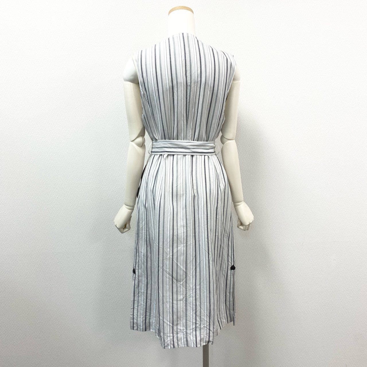 80k11 《美品》 MORABITO モラビト ノースリーブ リネンブレンド ストライプコート 38 ホワイトグレー ワンピースt18r