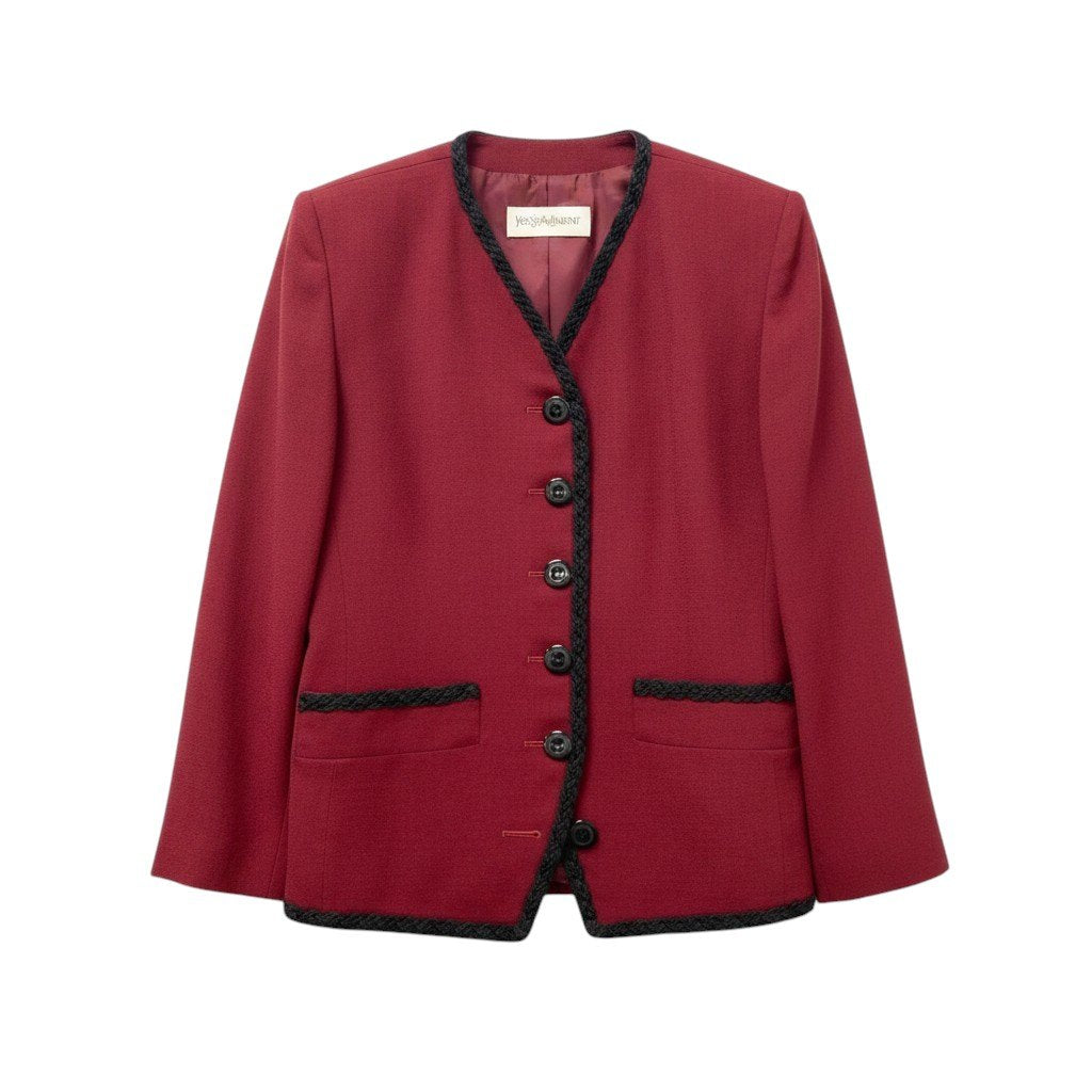 3g2 YVES SAINT LAURENT イヴサンローラン ノーカラージャケット ウールジャケット 編み込みトリム サイズ36 ワインレッド レディース 女性用u02t
