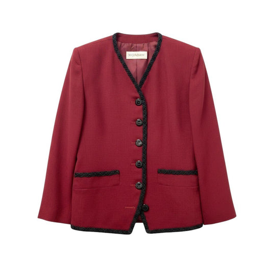 3g2 YVES SAINT LAURENT イヴサンローラン ノーカラージャケット ウールジャケット 編み込みトリム サイズ36 ワインレッド レディース 女性用u02t