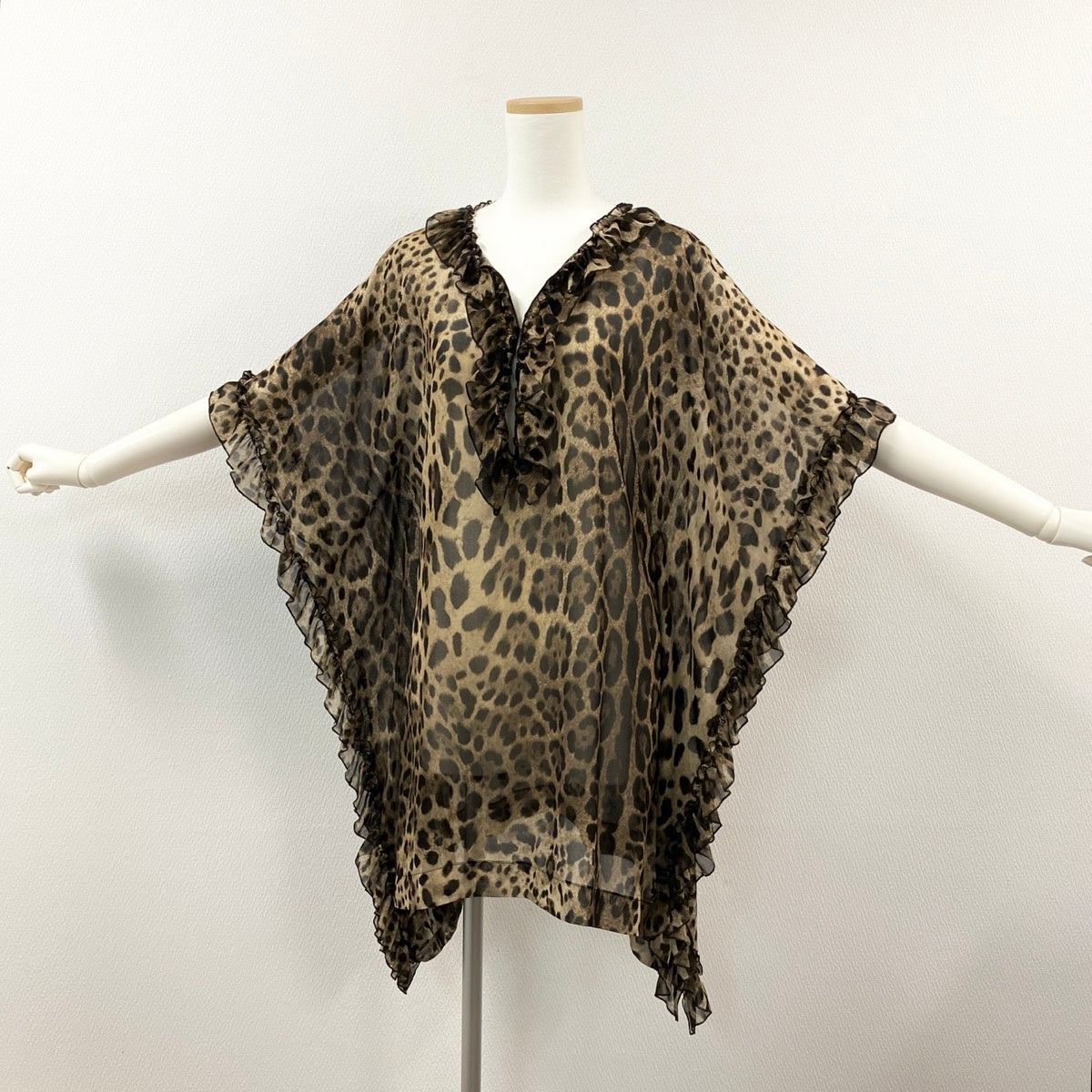 Ef25 DOLCE&GABBANA チュニックブラウス ポンチョ フリル ヒョウ柄 イタリア製 ベージュ ブラウン レディース 女性用u02t