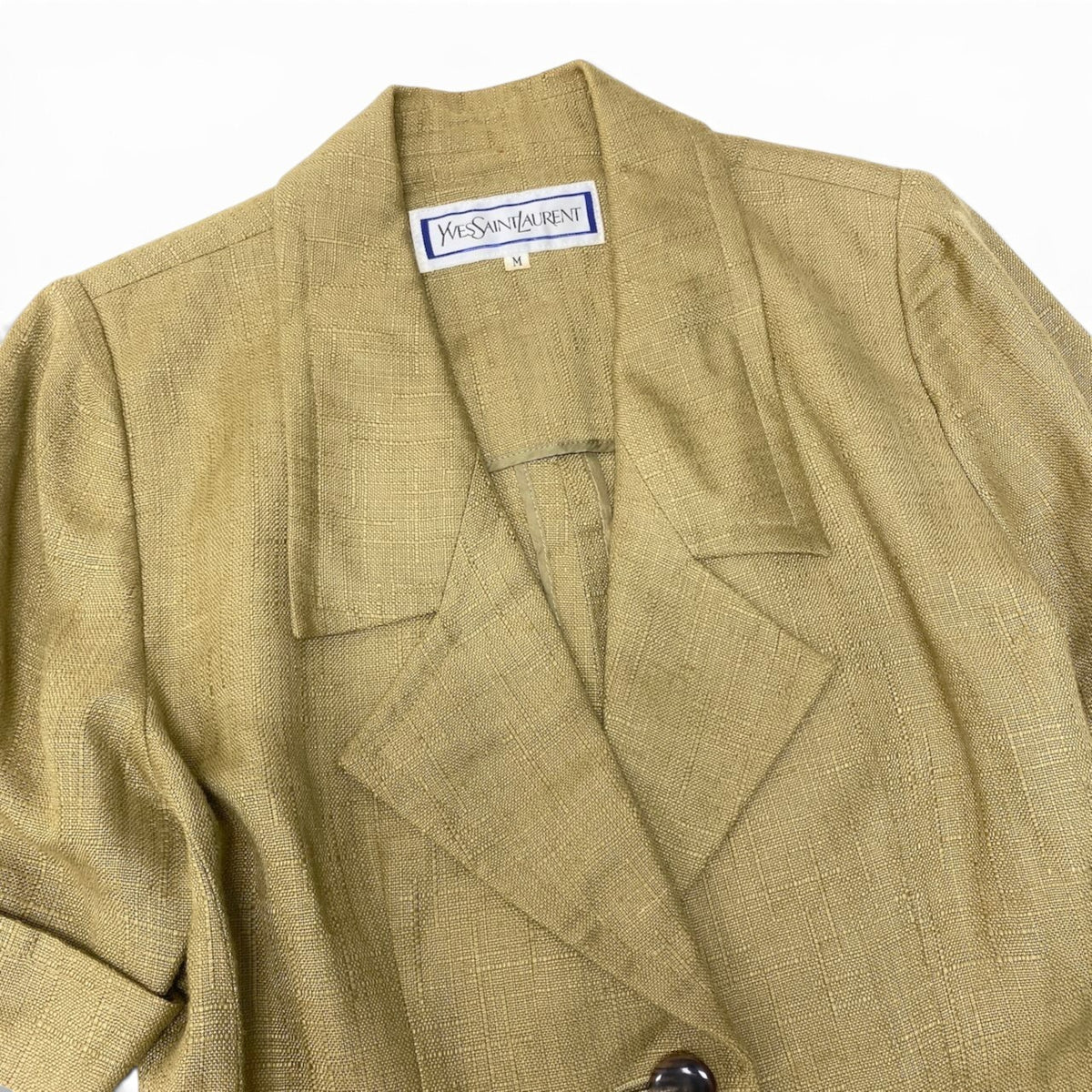 87i15 YVES SAINT LAURENT イヴサンローラン テーラードジャケット 半袖 リネン混 サイズM カーキ系 レディースo07t