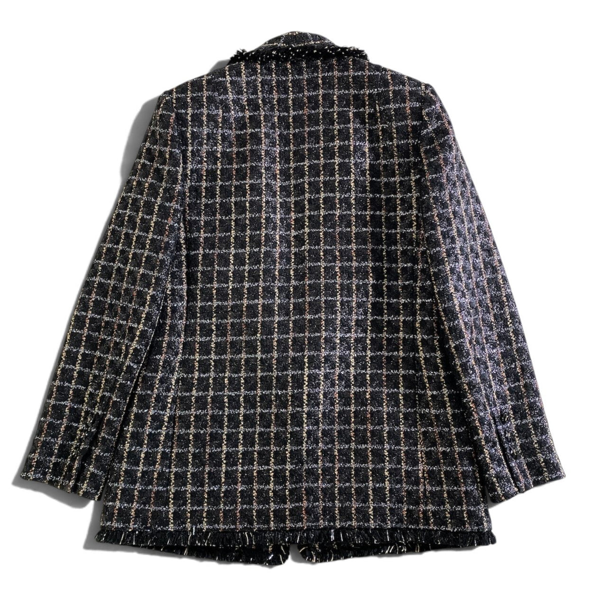 14j23 【極美品】TAE ASHIDA タエアシダ ツイードジャケット チェック柄 ラメ フリンジ アウター 5サイズ ブラック系 レディース 女性用u02t