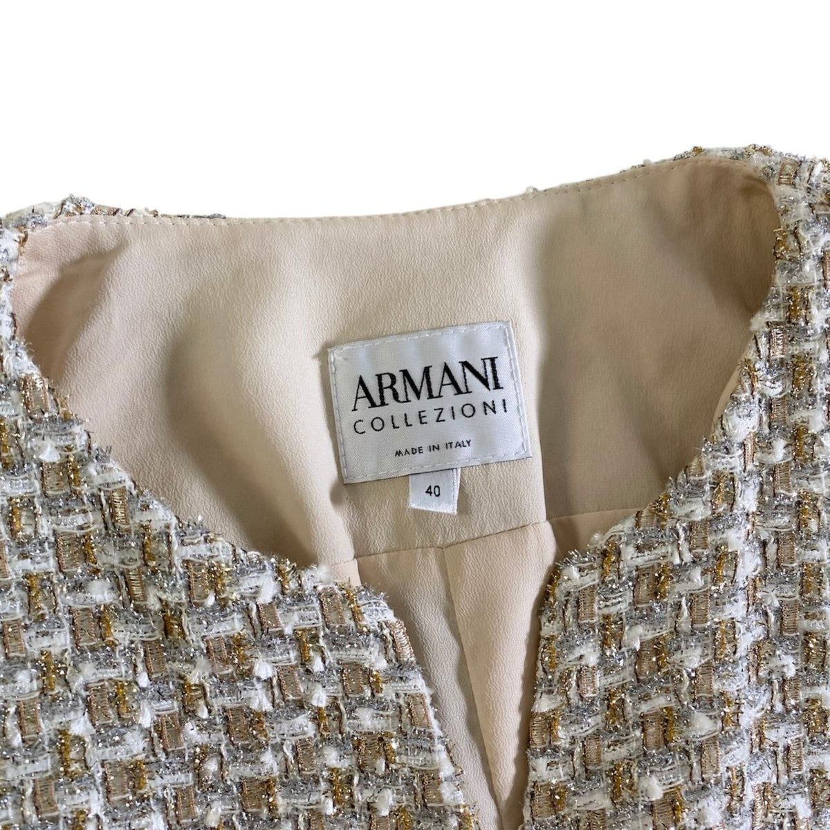 8j26 ARMANI COLLEZIONI アルマーニコレツィオーネ ノーカラージャケット ラメツイード サイズ40 マルチカラー レディースu02t