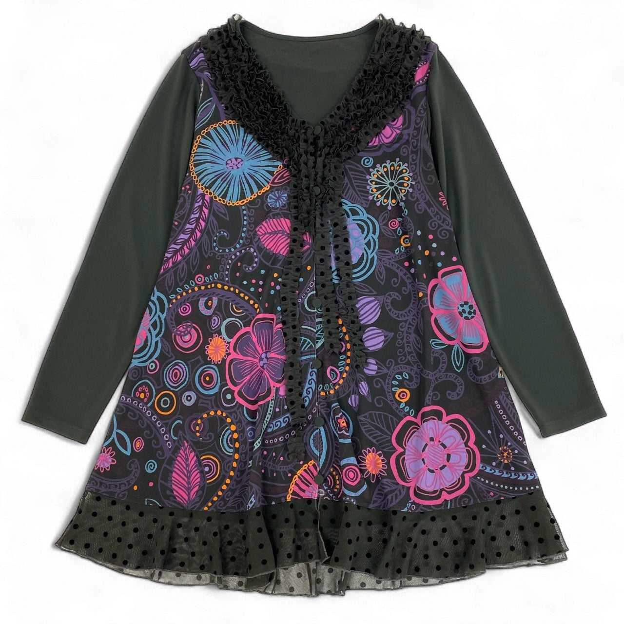 76k21《美品》 TOKUKO 1er VOL トクコプルミエヴォル ロングカーディガン 長袖 フリル装飾 花柄プリント 水玉 ドット柄 レディース 女性用 9 ブラウンu02t