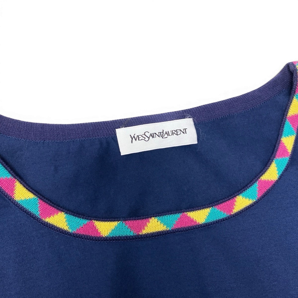 If11 Yves Saint Laurent イヴサンローラン YSLロゴ刺繍 Tシャツ 半袖カットソー トップス Mサイズ ネイビー  コットン レディースo07t