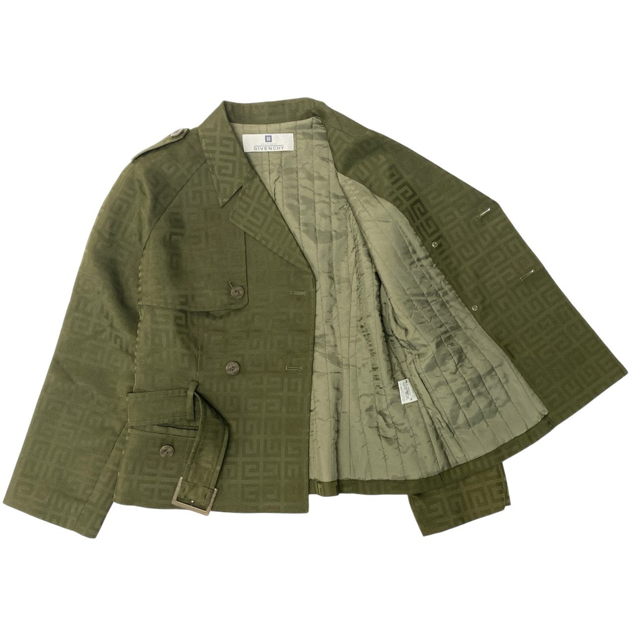 Ic5 Vintage GIVENCHY ジバンシィ ジャガードロゴ ショートコート 中綿ジャケット ダブルブレスト レディース 38 カーキu02t