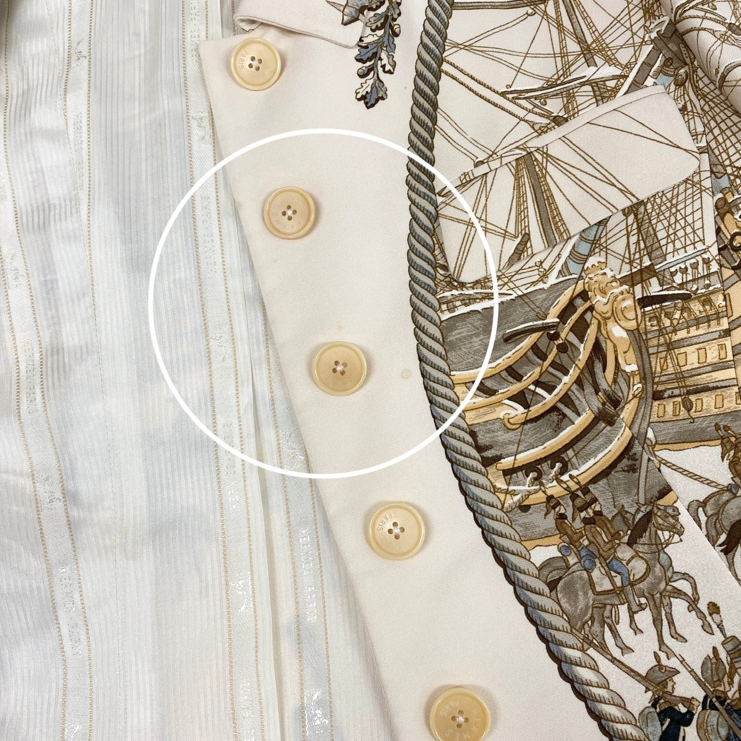 35L19 Vintage HERMES エルメス 海と騎兵隊 テーラードジャケット シルクジャケット 総柄 42 アイボリー系 シルク レディース 女性用 フランス製u02t