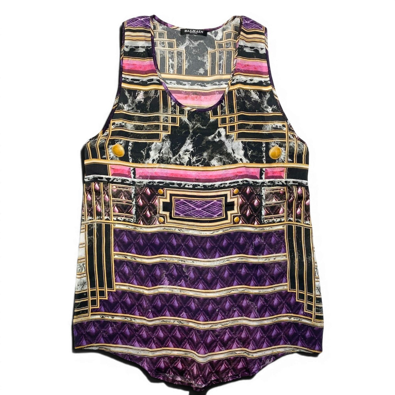 48d15 A BALMAIN バルマン ノースリーブ シルクシアートップ Sleeveless Silk Sheer Top サイズ36 パープルt18r