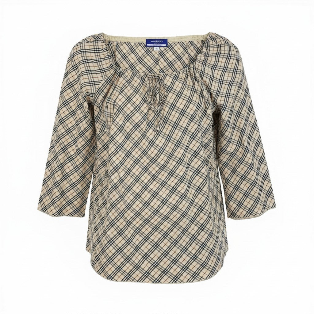 Ic27 BURBERRY LONDON バーバリーロンドン ノバチェック カットソーブラウス ギャザースクエアトップス 38サイズ ベージュ コットン100％ レディース 女性用u02t
