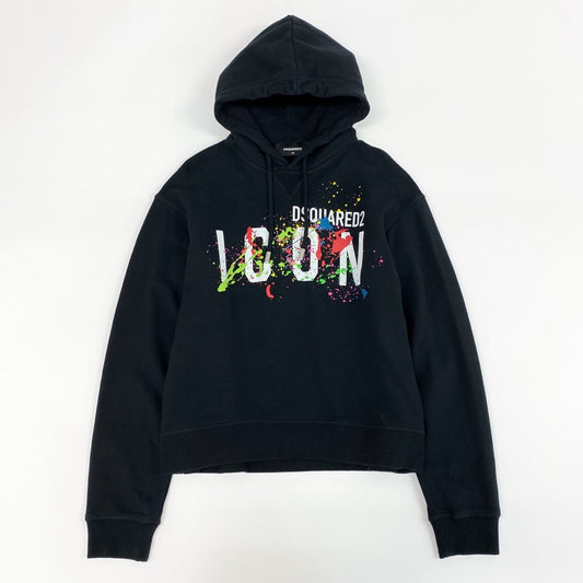 84e30 DSQUARED2 ディースクエアード 22AW Icon Splatter Hoodie アイコンロゴ プリント パーカー フーディ プルオーバー S80GU0067 XSサイズ ブラック コットン