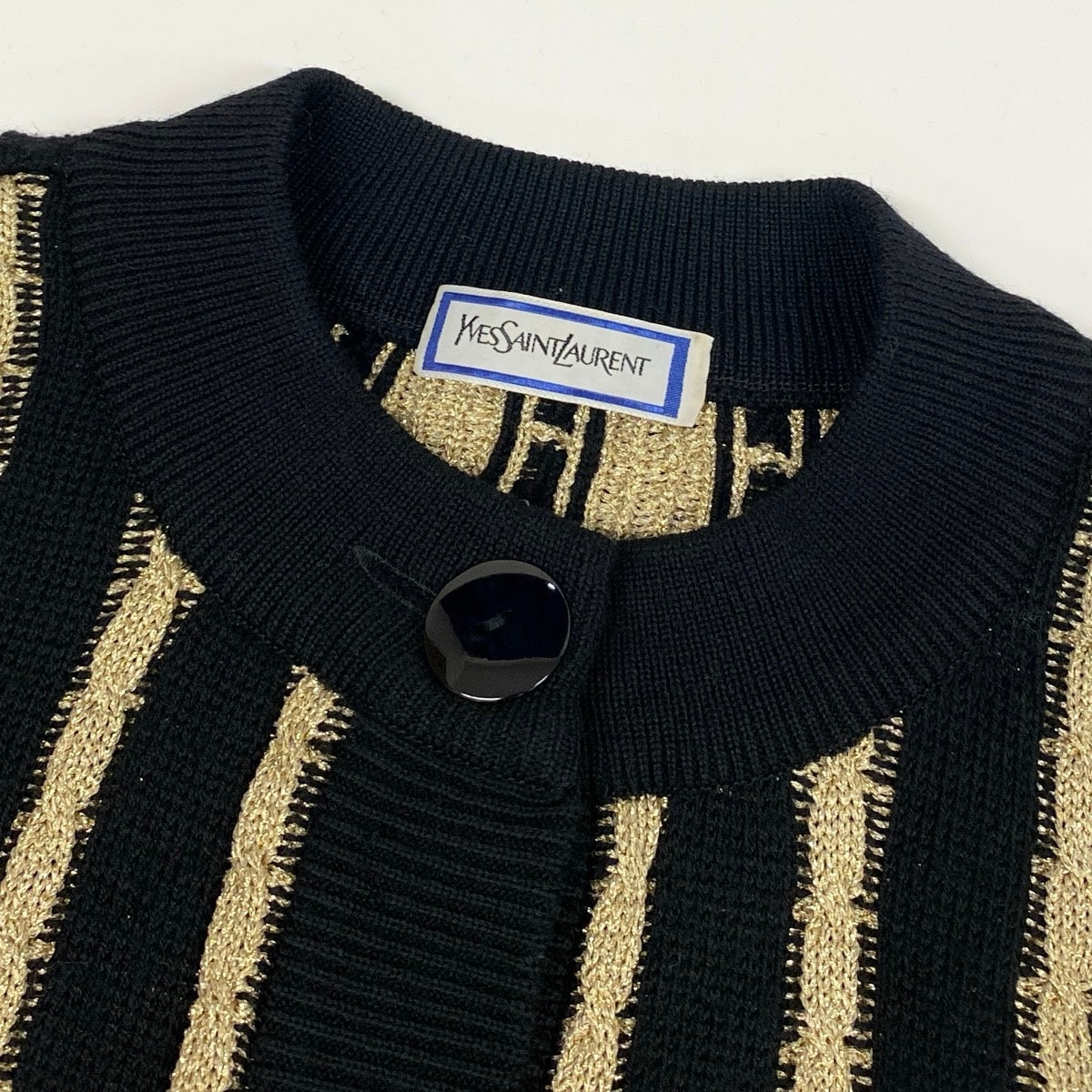 65e2 YVES SAINT LAURENT イヴサンローラン ロングスリーブ ニットカーディガン チュニック丈 サイズM ブラック ゴールド ウール100％ レディース 女性服o07t