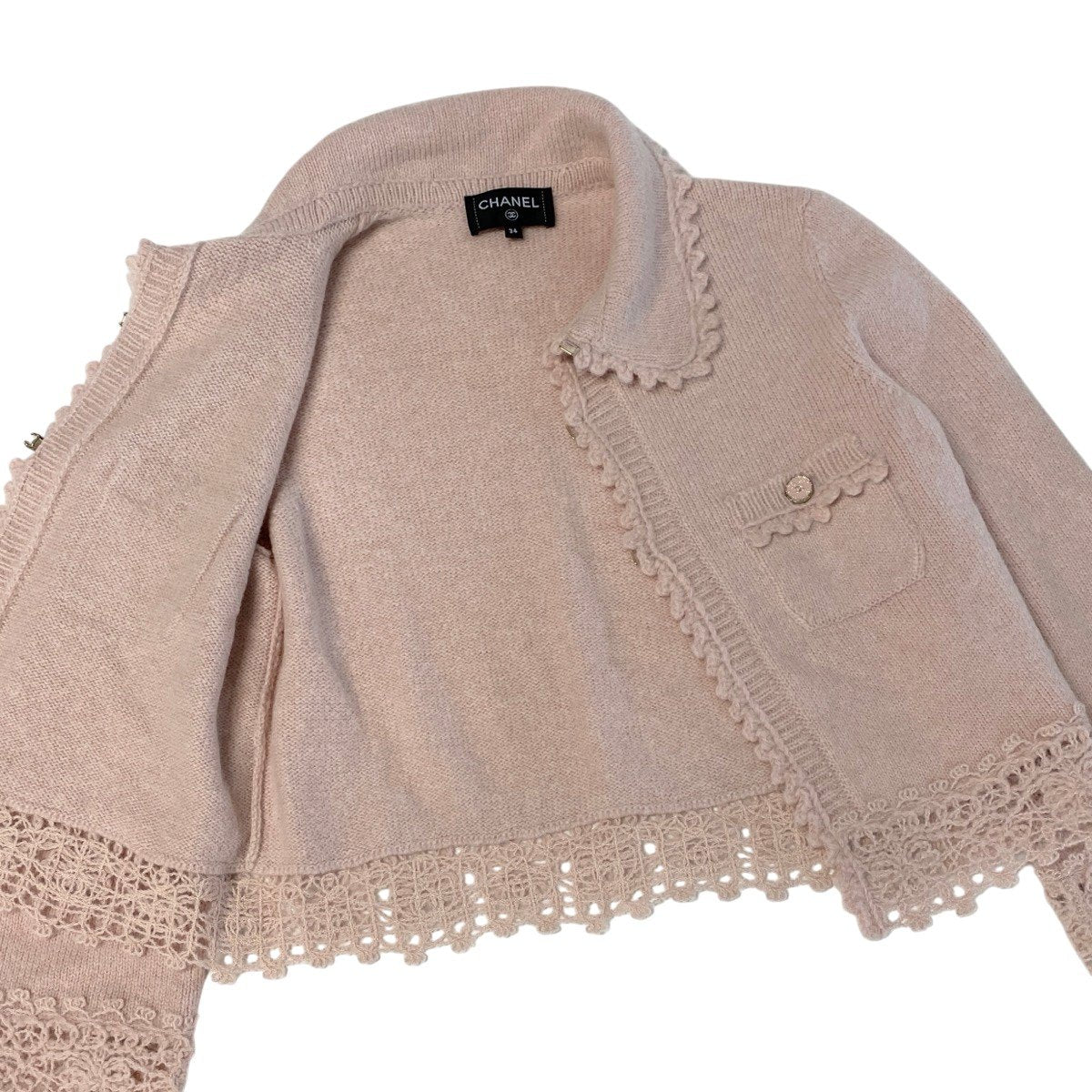 Cj22 【極美品】CHANEL 25~26AW カシミヤジャケットカーディガン ラインストーンココマーク LOOK48 P80281 34サイズ ピンク レディース 女性用k02i