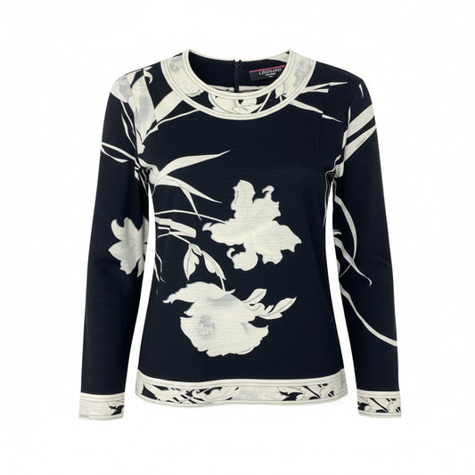 38k16【美品】LEONARD レオナール 長袖カットソー クルーネック 花柄 0369114 Mサイズ ブラック アイボリー レディースu02t