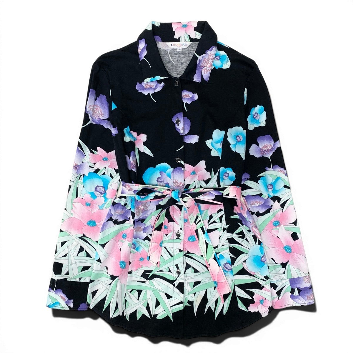 18f15 LEONARD レオナール ロングスリーブシャツ  チュニック丈 花柄プリント ウエストリボン 0598507 40サイズ ブラック コットン100％ レディース 女性用u02t