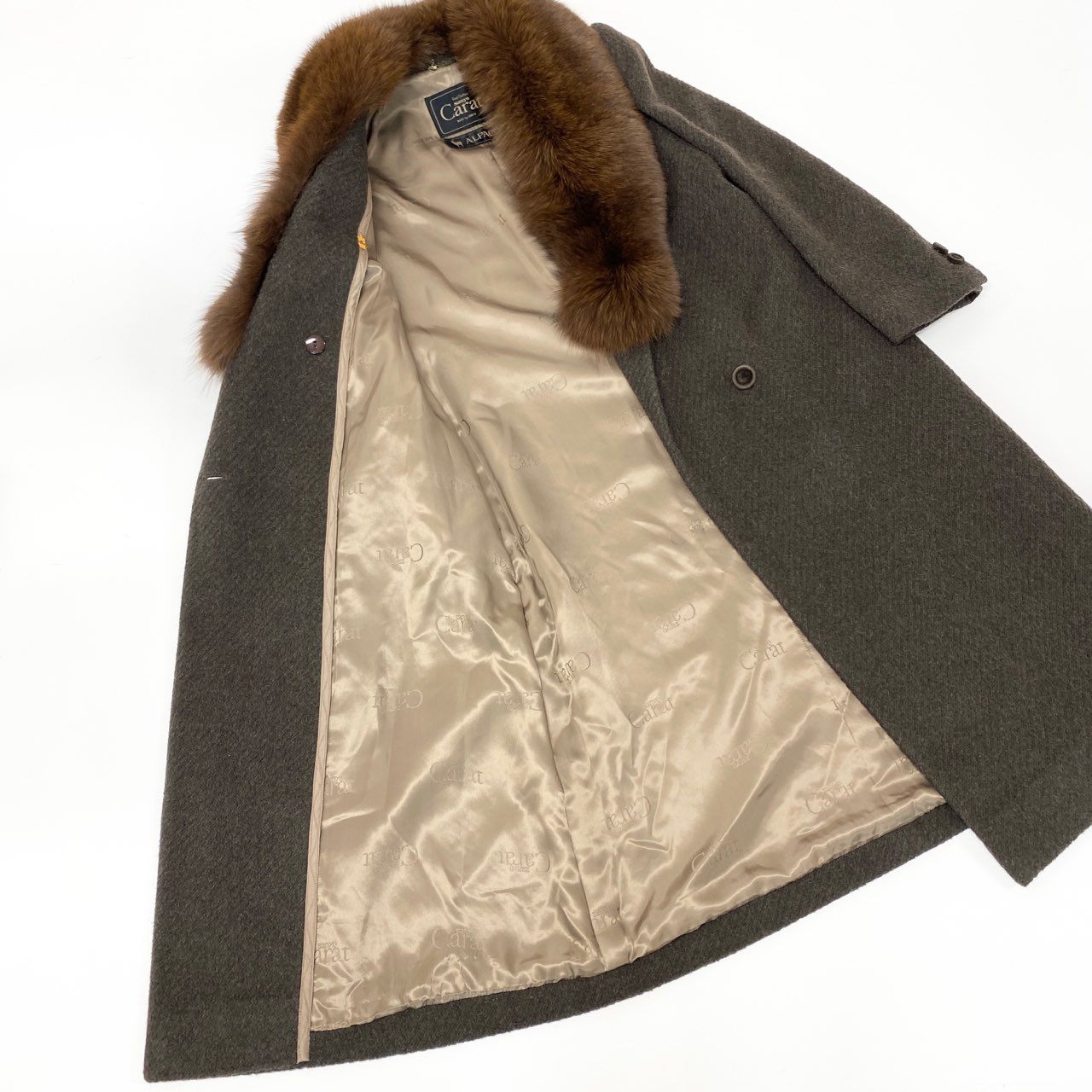 52L9 SANYO Carat サンヨー 染めブルーフォックスファー アルパカロングコート サイズ9号 ブラウン 画像参照 本毛皮 FOX FUR × ALPACAt18r