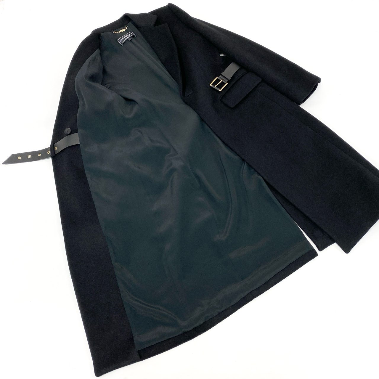 24k28《美品》 Salvatore Ferragamo サルヴァトーレフェラガモ チェスターコート ロングコート レザーベルト 38 ブラック カシミヤ100 レディース イタリア製u02t