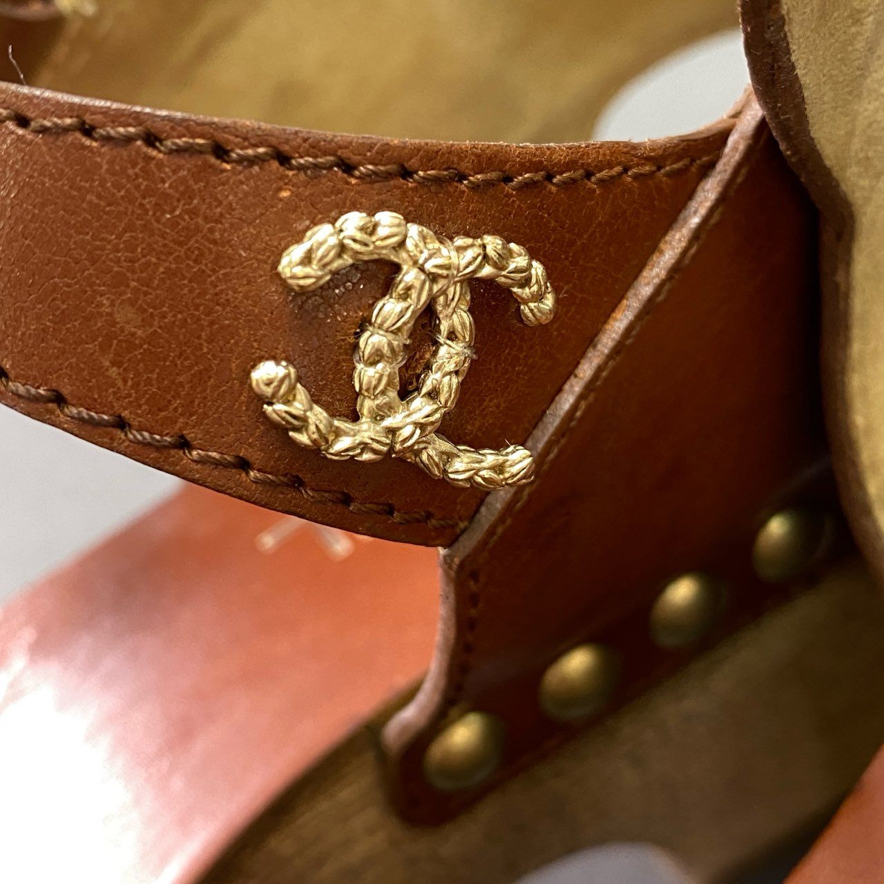 5d22 CHANEL シャネル ココマーク アンクルストラップ ウェッジソール サンダル シューズ イタリア製 38 ブラウン レザー