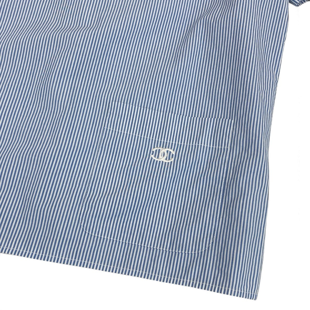 j1 CHANEL シャネル 1999 CCロゴ ストライプ 半袖シャツ Short-Sleeve Striped Shirt with CC Logo Size 40 Blue/White 100% Cotton Women'st18r