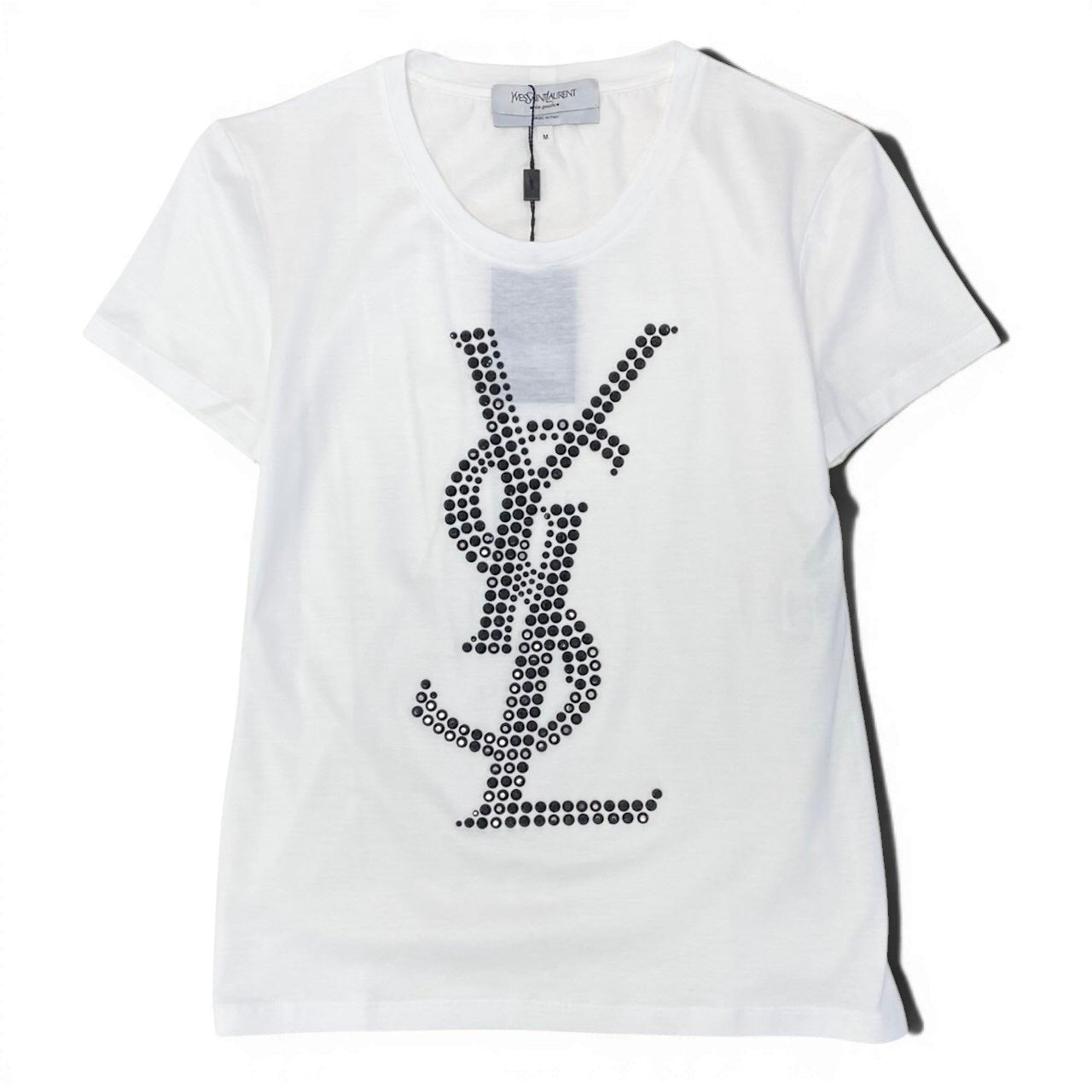 If9 【新品保管品】Yves Saint Laurent  半袖Tシャツ ラインストーンロゴ トップス 118030 X3081 Mサイズ ホワイト ブラック コットン100％ レディース 女性用u02t