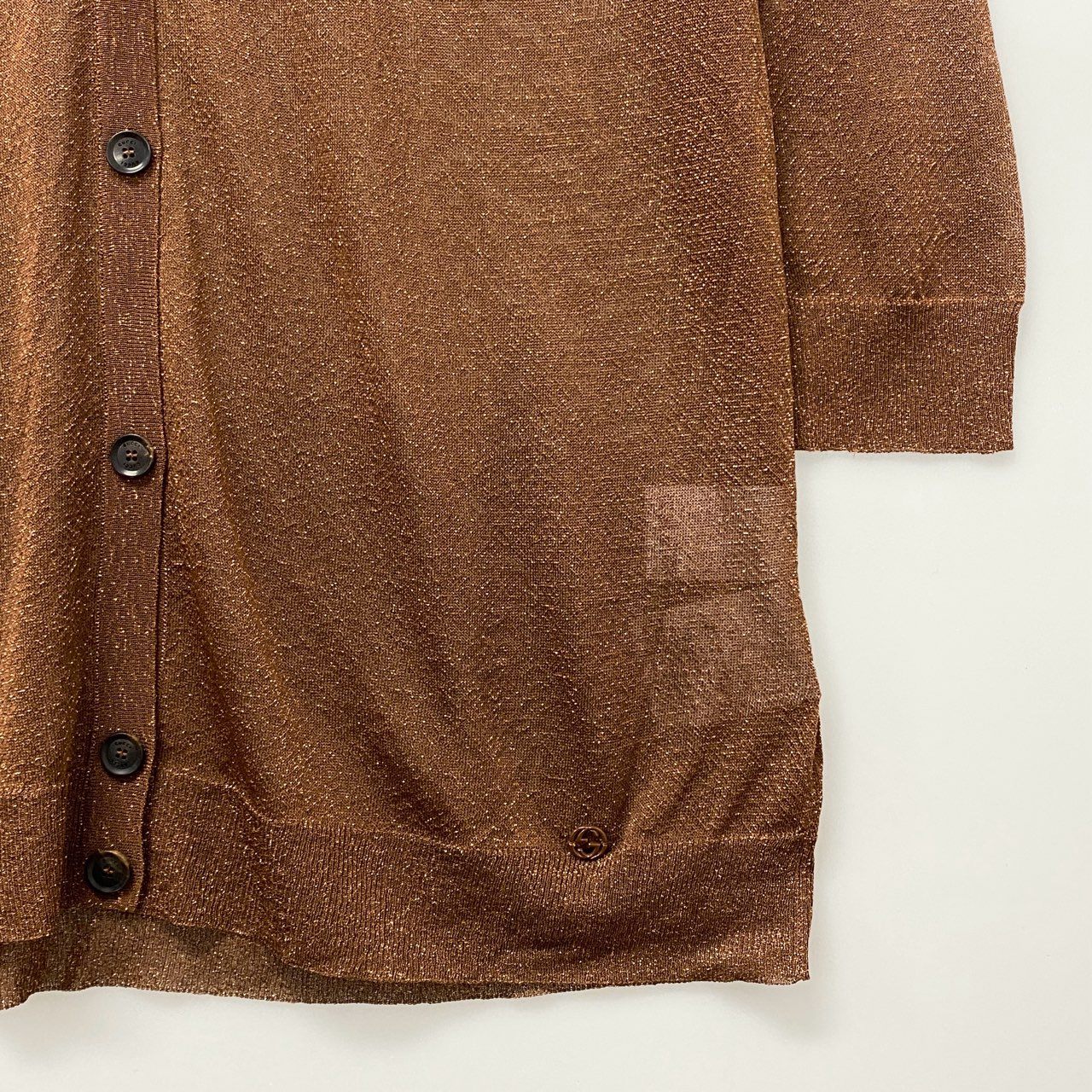 62a28 【美品】GUCCI グッチ ロングスリーブニットカーディガン ラメニットセーター Vネック トップス XLサイズ ブラウン レディース 女性用u02t