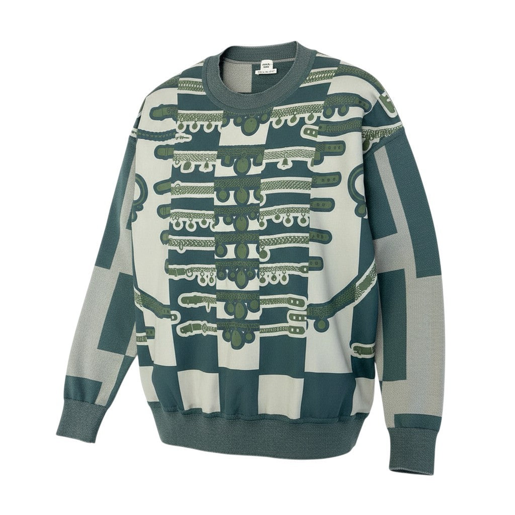 86a16 HERMES エルメス LE TRESOR DE MEDOR RAYURE ツイルレーヌ 長袖カットソー ニット切替 総柄 シルク100％ メンズ 紳士服 2H2835D5 34 グリーン系 グレーo07t