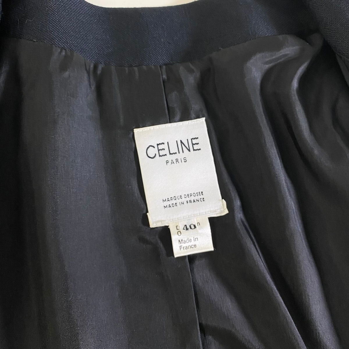 20j26 CELINE セリーヌ フランス製 セットアップスカート ノーカラージャケット 金ボタン サイズ40 ブラック レディースu02t