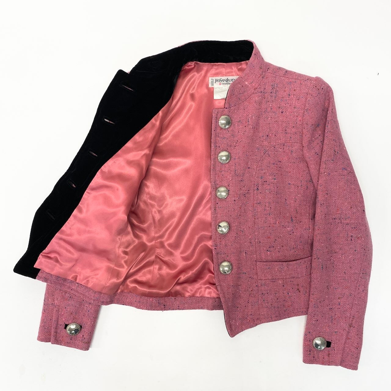 56e12 Yves Saint Laurent  イヴサンローラン vintage ツイードジャケット スタンドカラージャケット サイズ34 フランス製 ピンク ウール100％ レディース 女性用u02t