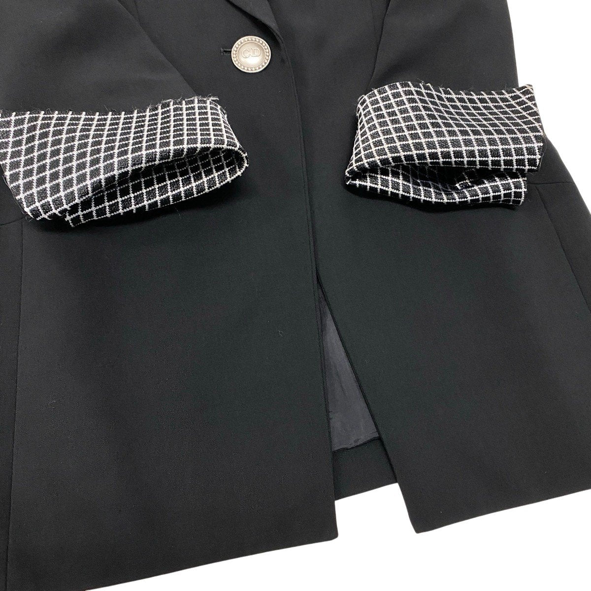 Eh10 Christian Dior クリスチャンディオール テーラードジャケット ダイヤ柄切替 ロゴボタン ブラック レディースo07t
