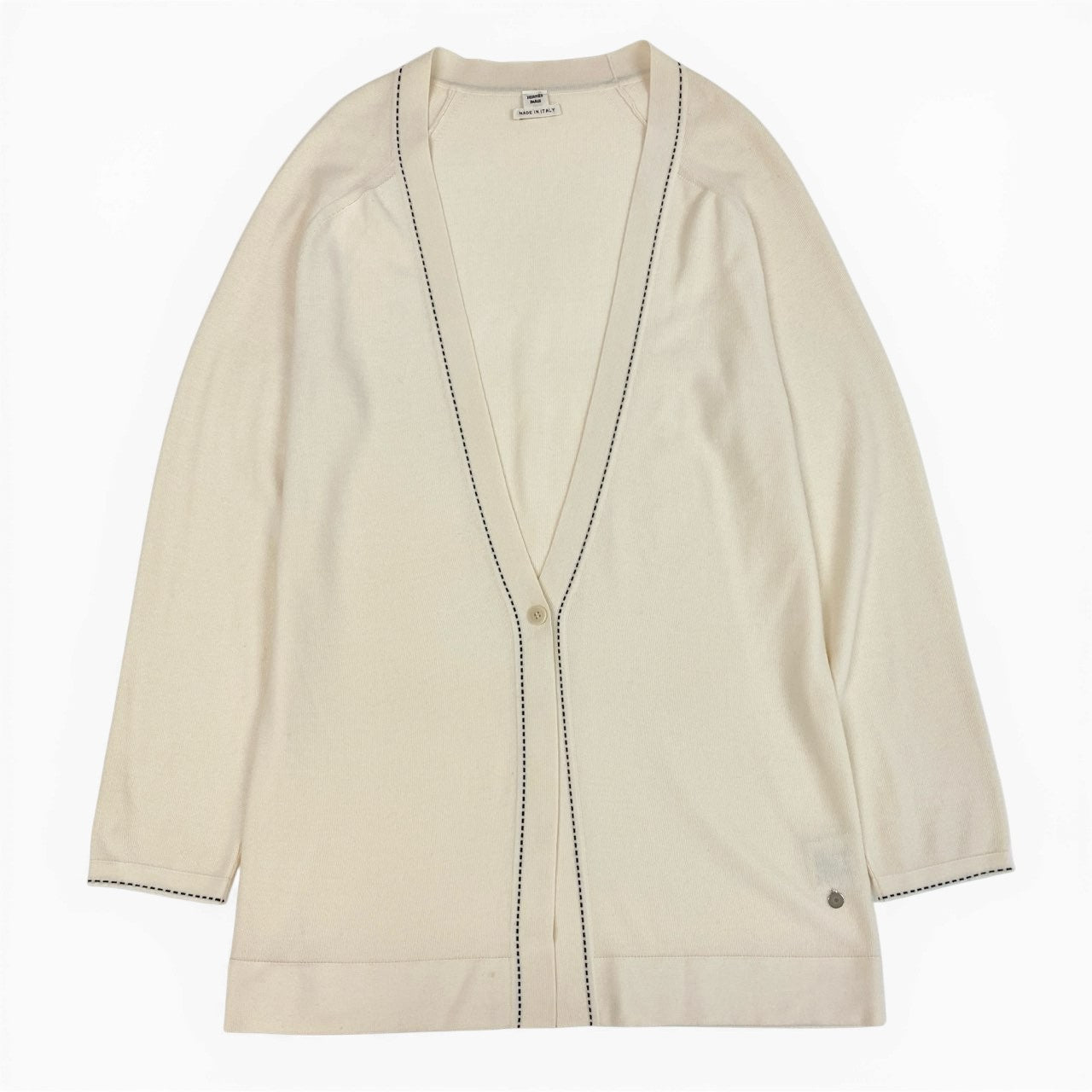 Ea26 HERMES エルメス ニットセーター カーディガン トップス ロゴプレート ステッチデザイン イタリア製 38サイズ アイボリー ウール100％ レディースo07t