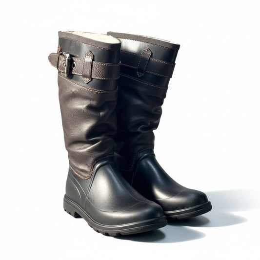 1i16 D&G DOLCE&GABBANA ドルチェアンドガッパーナ ヴィンテージ レインブーツ 切替裏ボアロングブーツ 42サイズ ダークブラウン レザー ラバー レディース 女性用u02t