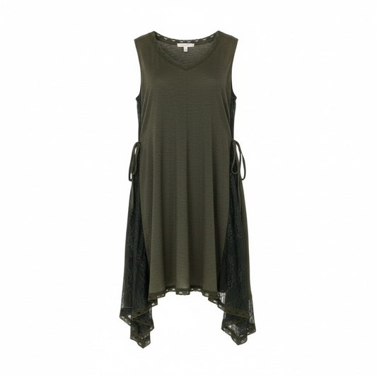 20L2《美品》 TOKUKO 1er VOL トクコプルミエヴォル ノースリーブワンピース フレアワンピース サイド花柄レース ウエストリボン○ レディース  9 カーキu02t