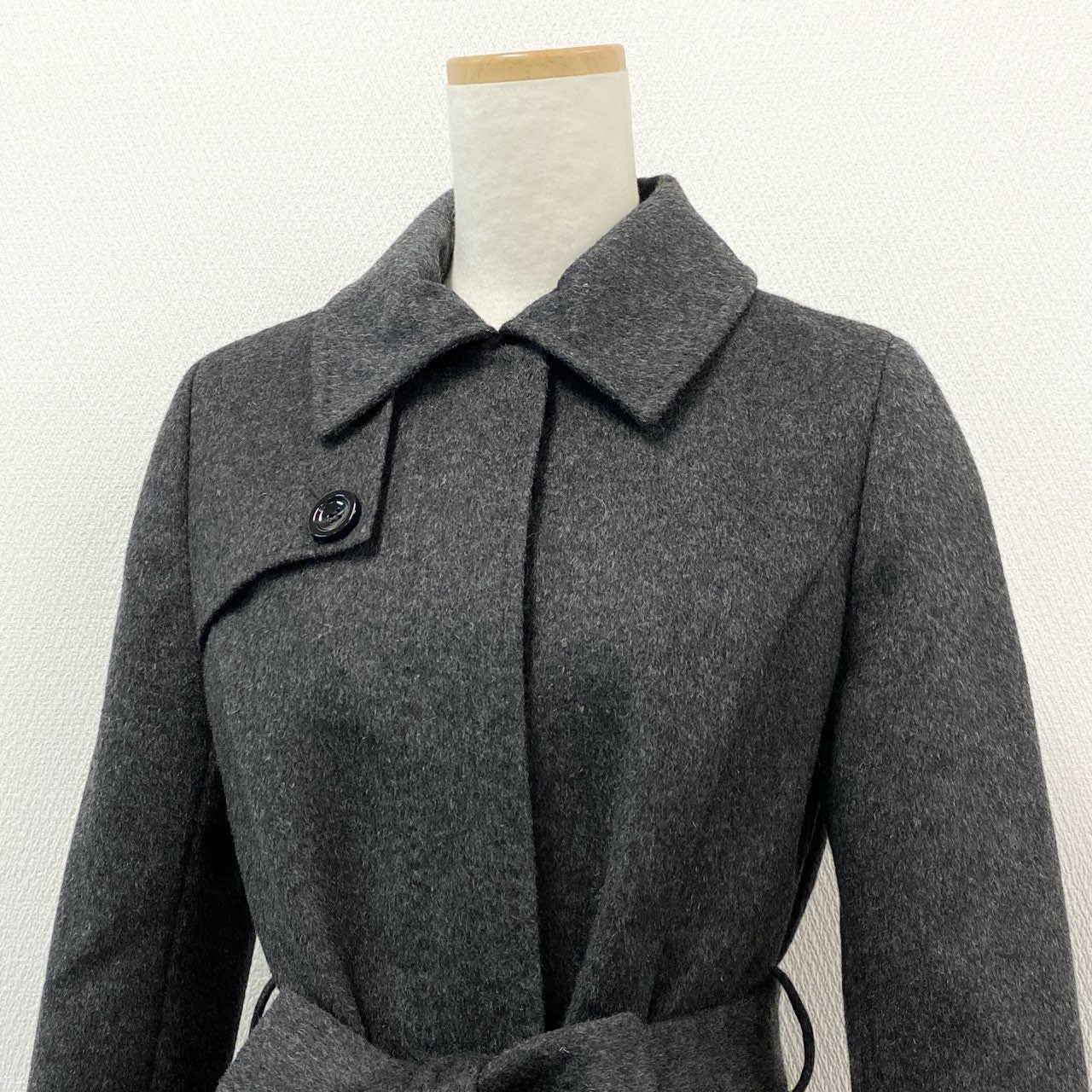 58f20 BARNEYS NEWYORK バーニーズニューヨーク 総カシミヤ ベルテッドステンカラーコート ロングコート 38 グレー Pure Cashmere カシミヤ100 カシミア レディース